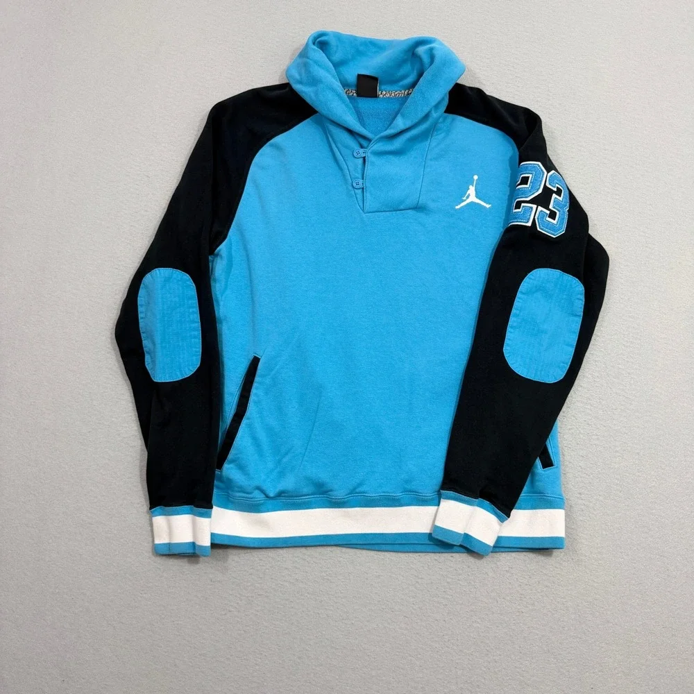 Jordan Sweatshirt XL Blue Jumpman Shawl Neck Pullover Elbow Patches 576628-426